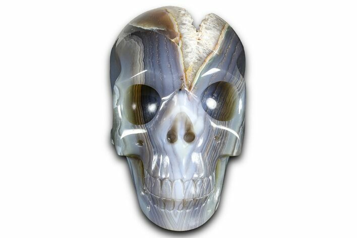 Realistic Polished Banded Agate Skull with Quartz Crystal Pocket #378658